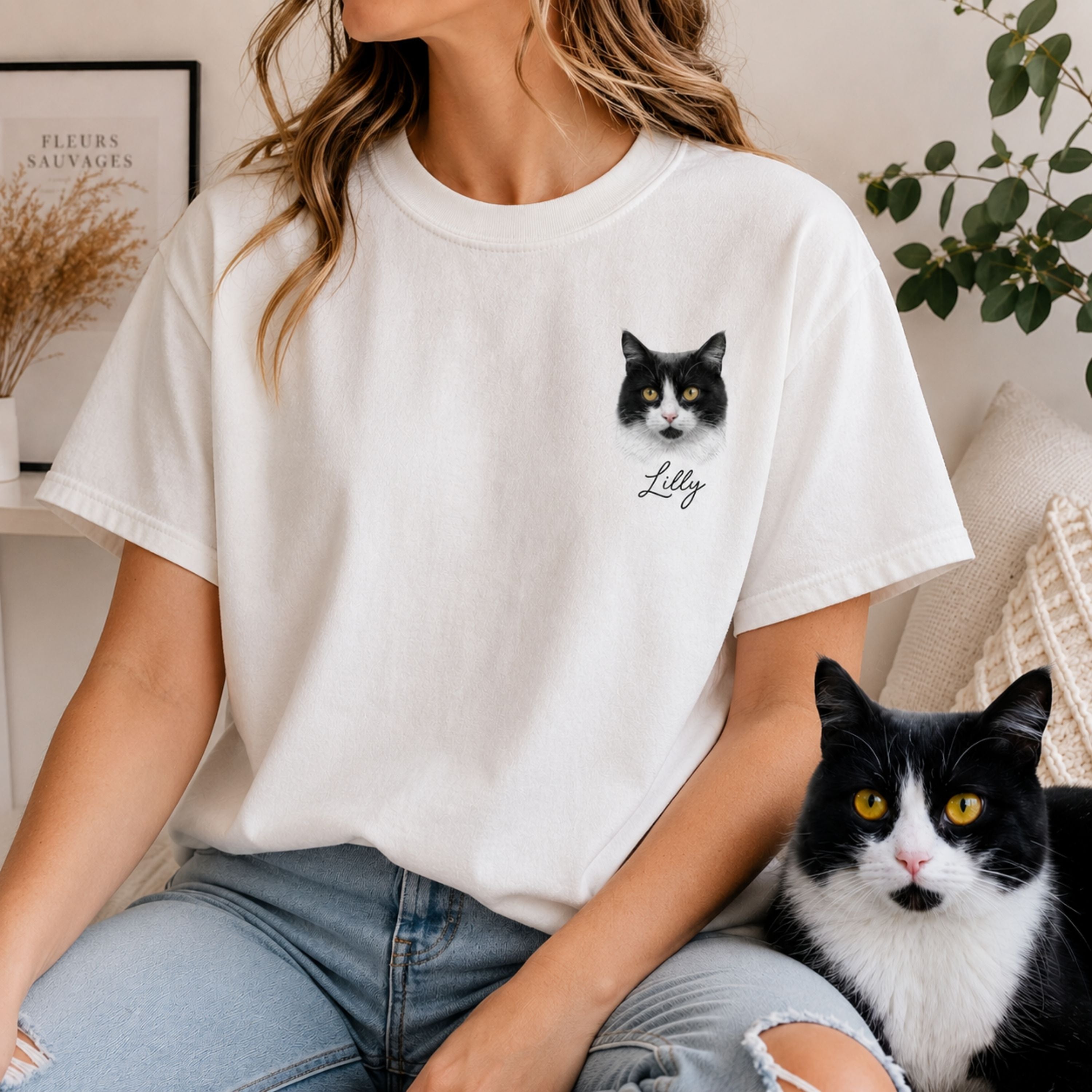 Custom Cat Shirt with Personalized Minimalist Pet Portrait