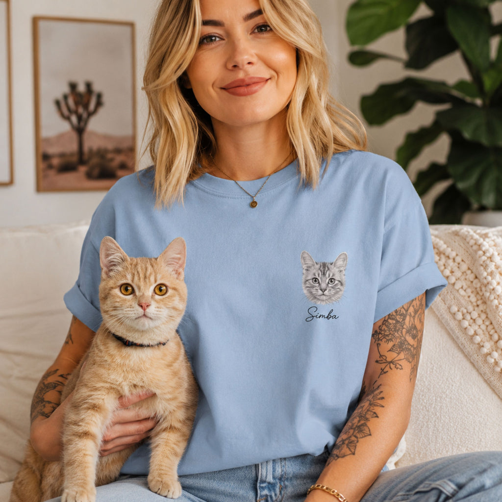 Custom Cat Shirt with Personalized Minimalist Pet Portrait
