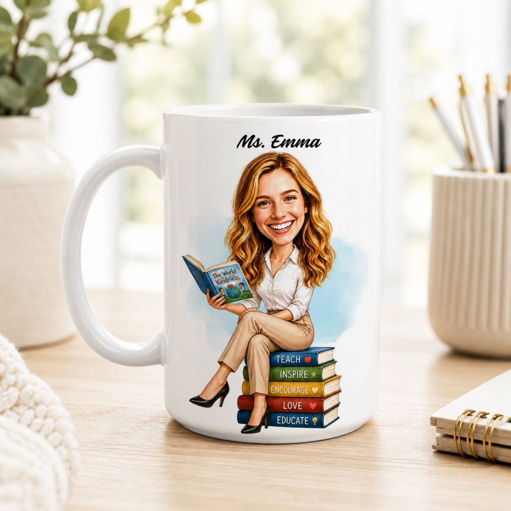 Custom Elementary Teacher Caricature Mug – Personalized Gift