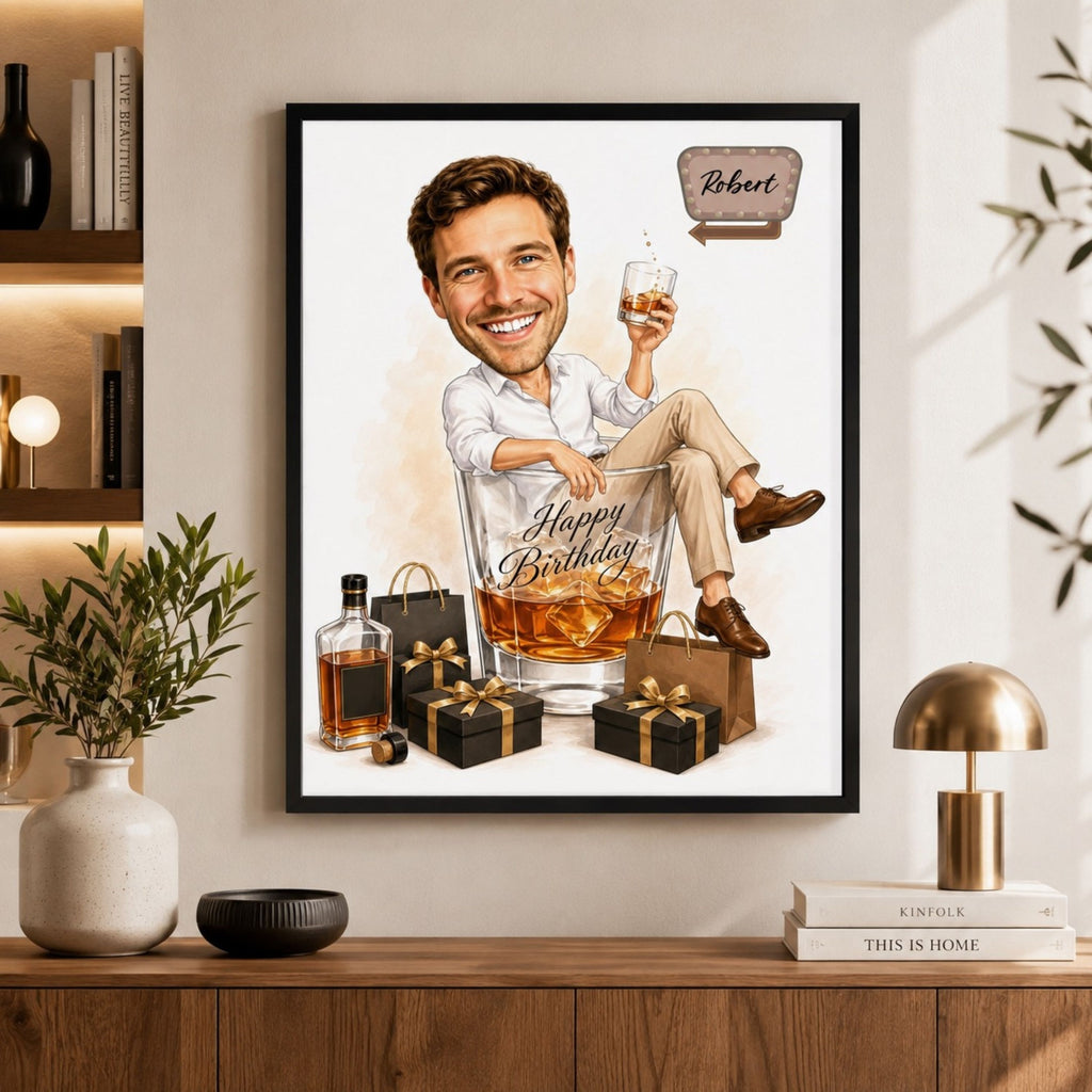 Custom Male Birthday Caricature – Whiskey Gift Portrait
