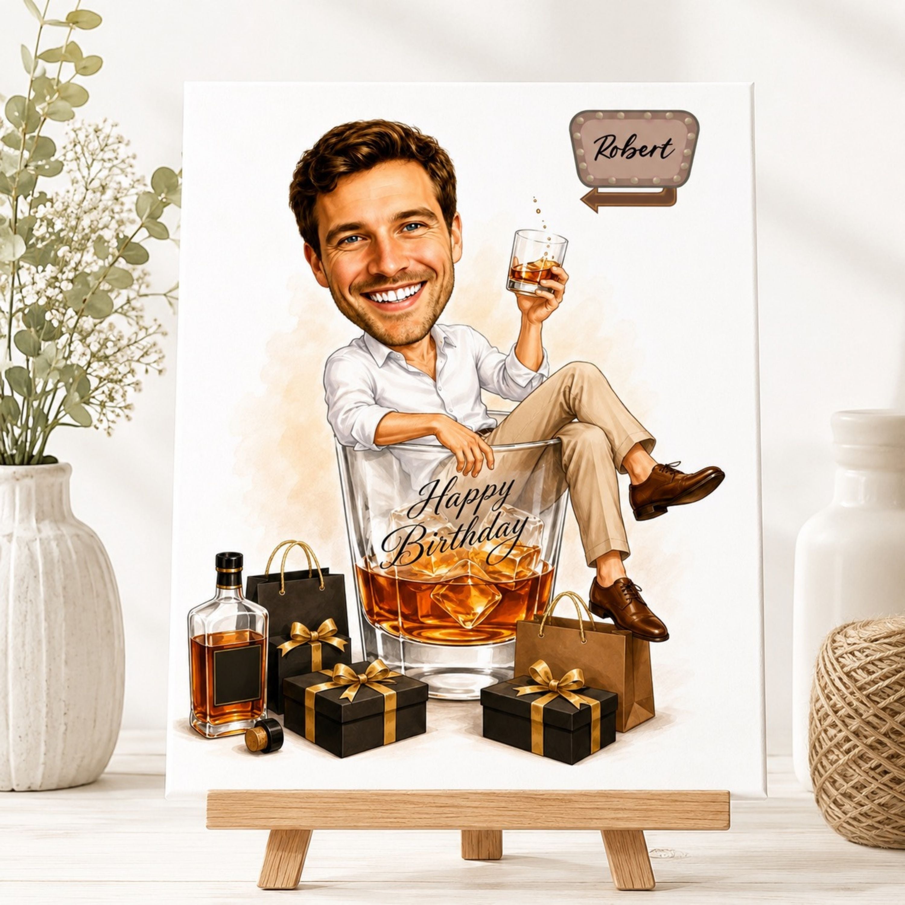 Custom Male Birthday Caricature – Whiskey Gift Portrait