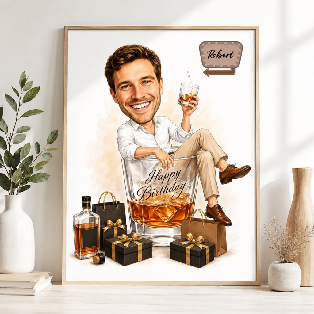Custom Male Birthday Caricature – Whiskey Gift Portrait