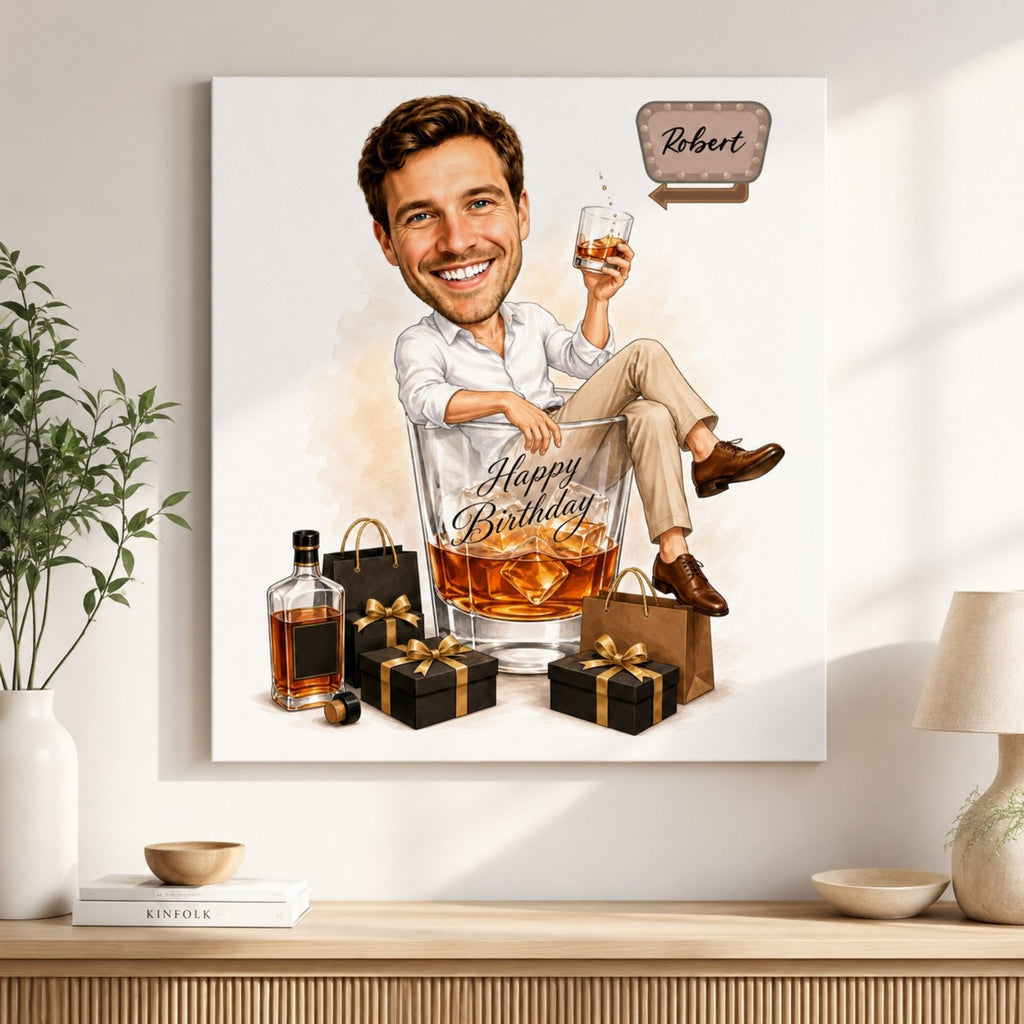 Custom Male Birthday Caricature – Whiskey Gift Portrait