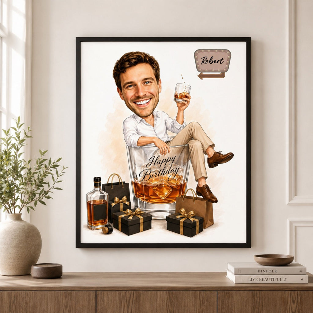 Custom Male Birthday Caricature – Whiskey Gift Portrait