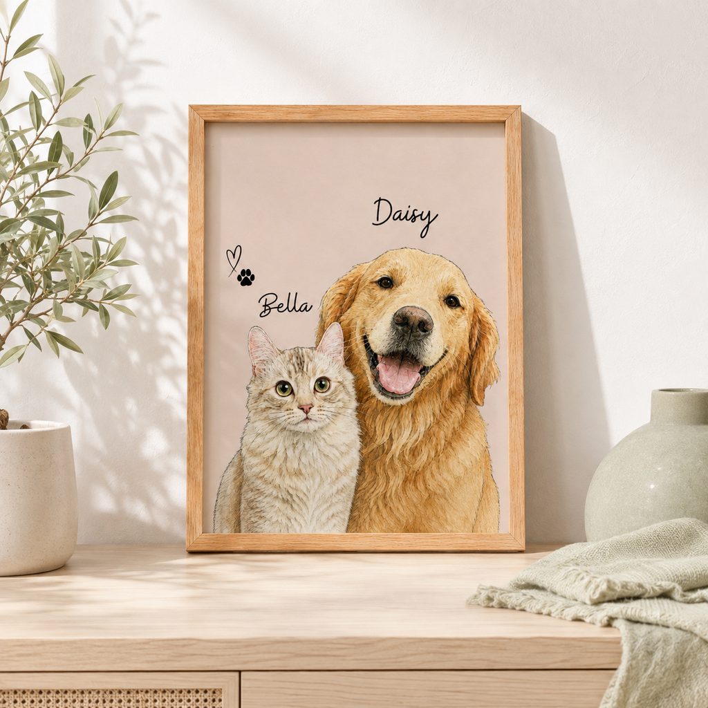 Custom Two Pet Portrait from Photo | Personalized Wall Art