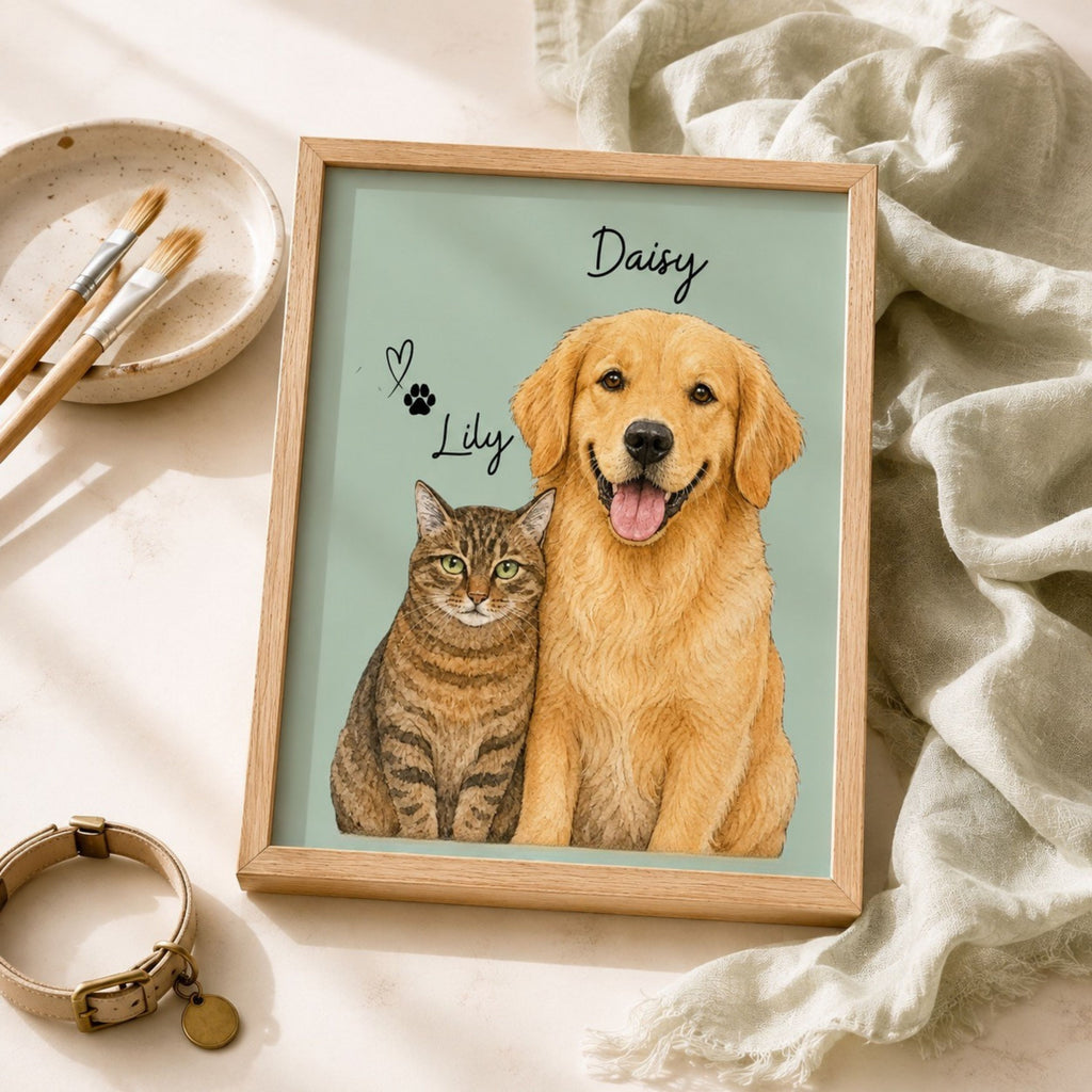 Custom Two Pet Portrait from Photo | Personalized Wall Art