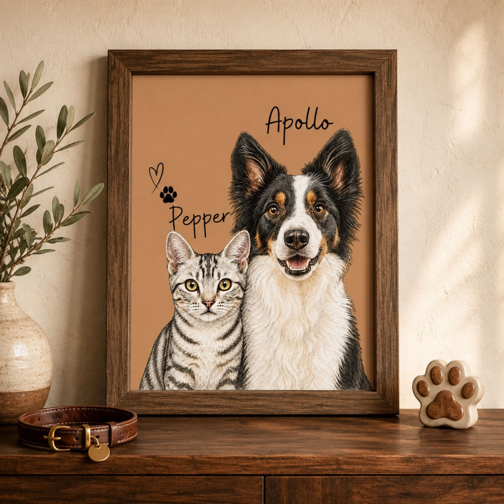 Custom Two Pet Portrait from Photo | Personalized Wall Art