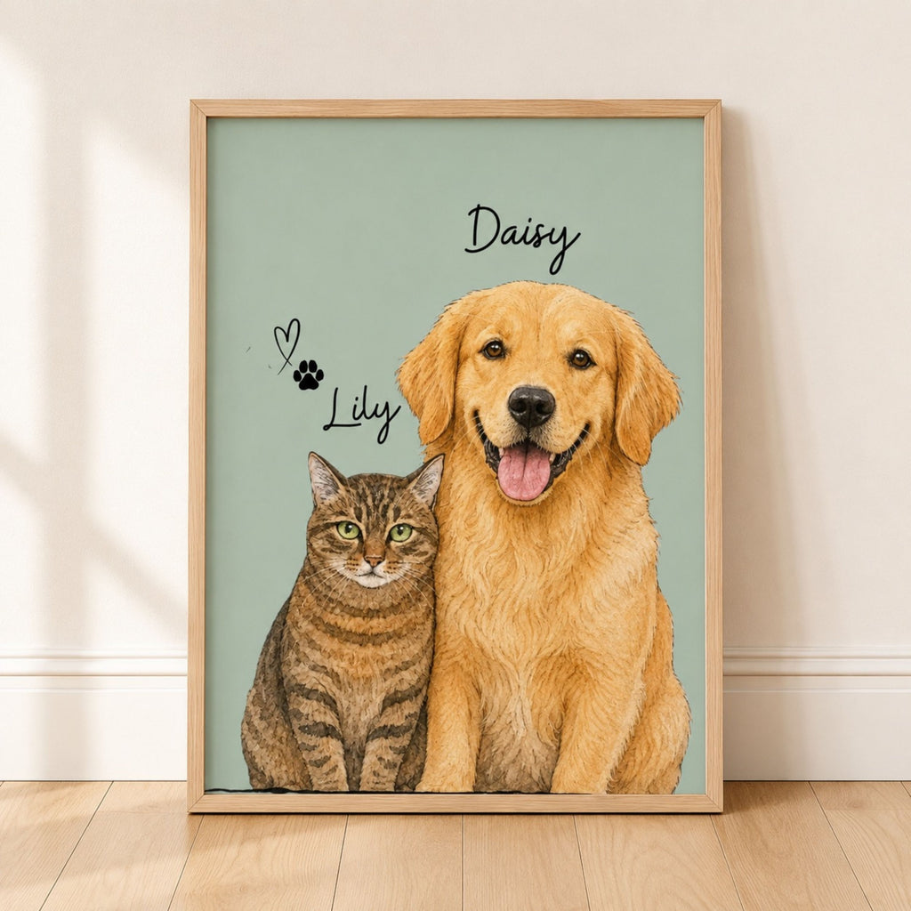 Custom Two Pet Portrait from Photo | Personalized Wall Art