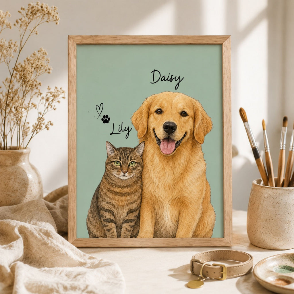 Custom Two Pet Portrait from Photo | Personalized Wall Art